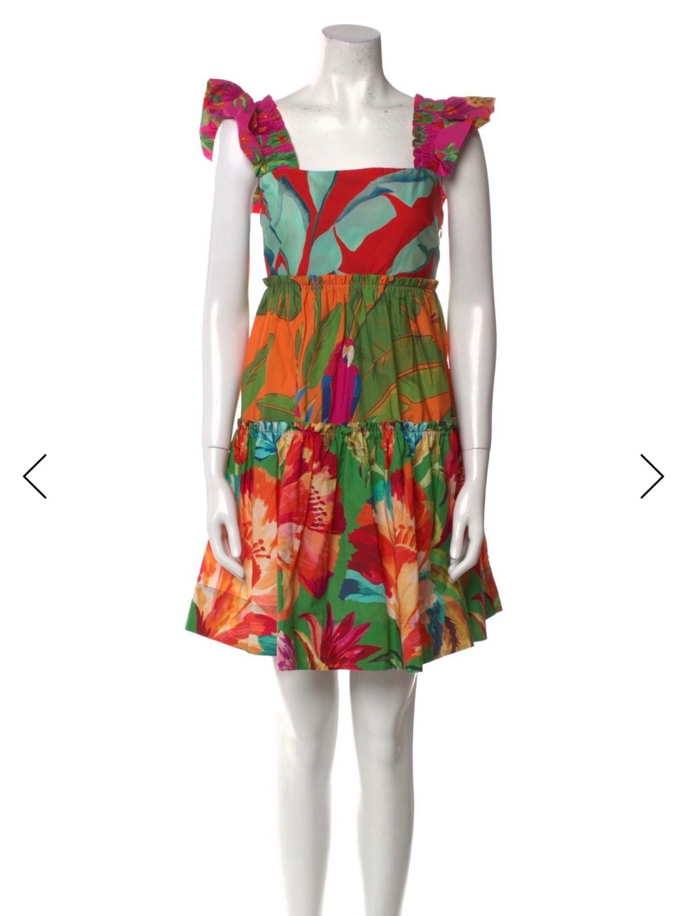 FARM Rio Bright Tropical Floral Ruffle-Shoulder Mini Dress
